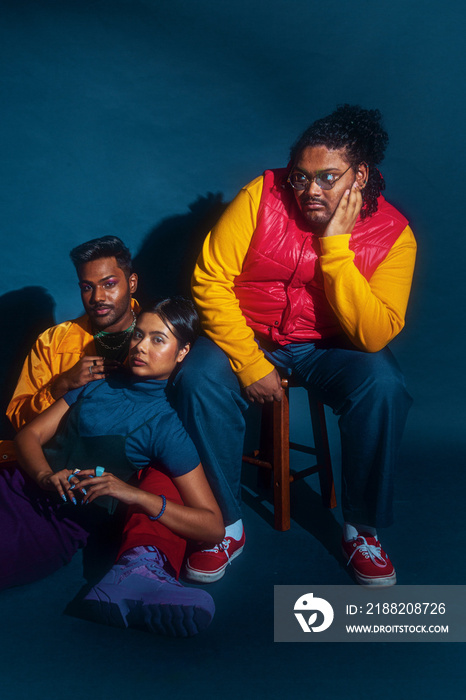 Trio fashion colour blocked studio portrait