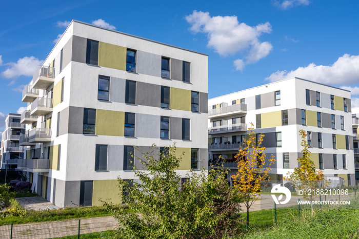 Housing development area with new apartment buildings seen in Berlin, Germany