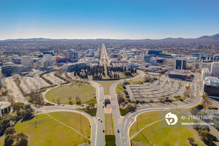 Aerial view of Canberra CBD looking north over the city and London Circuit, with City Hill and Northbourne Avenue