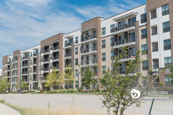 Multistorey apartment community near empty street suburbs Dallas, Texas