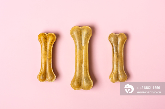 bone for dogs isolated on pink background Top view Flat lay Delicious treat for your beloved pet Food for animals concept