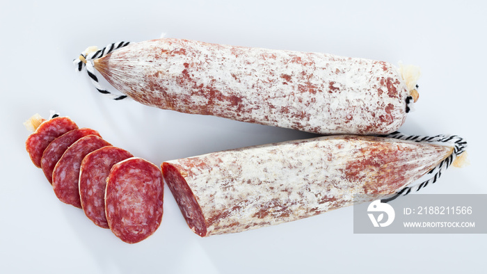 Fresh spanish longaniza sausages cut in slices on a white surface