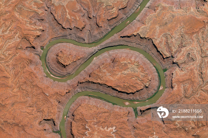 Colorado River the loop and meanders, looking down aerial view from above – Bird’s eye view Canyonlands  National Park, Utah, USA