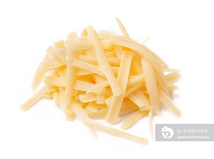 Grated cheese isolated on white background. Slices cheese.