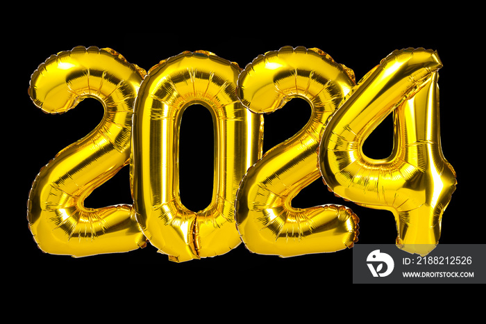 New Year 2024 celebration. Golden Yellow foil color balloons. 2024 balloons. Isolated black background. Party, greeting card, Advertising, Anniversary.