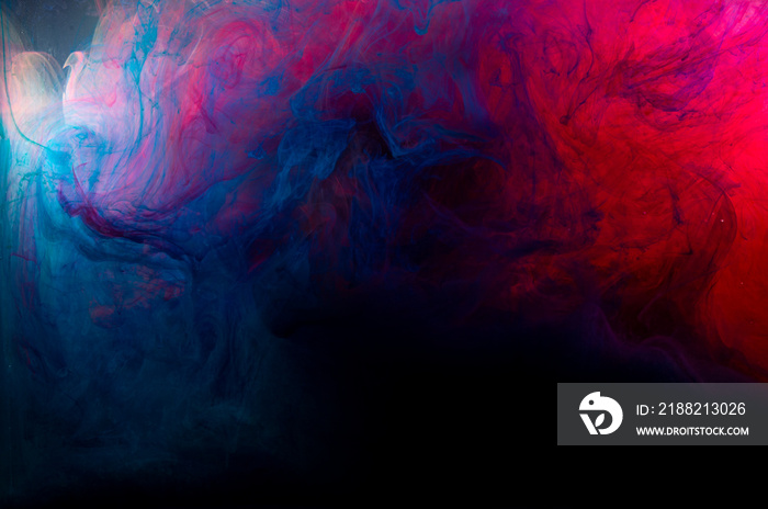 Blue and red abstract art painting with dark banner background