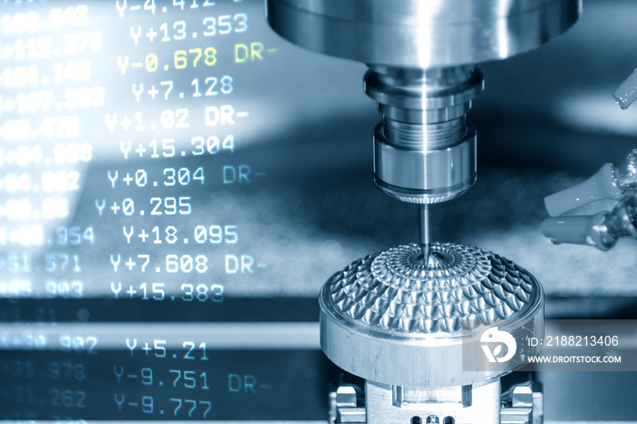 Abstract scene of CNC milling machine and G-code data background. The hi-technology mold and die manufacturing concept by machining center.