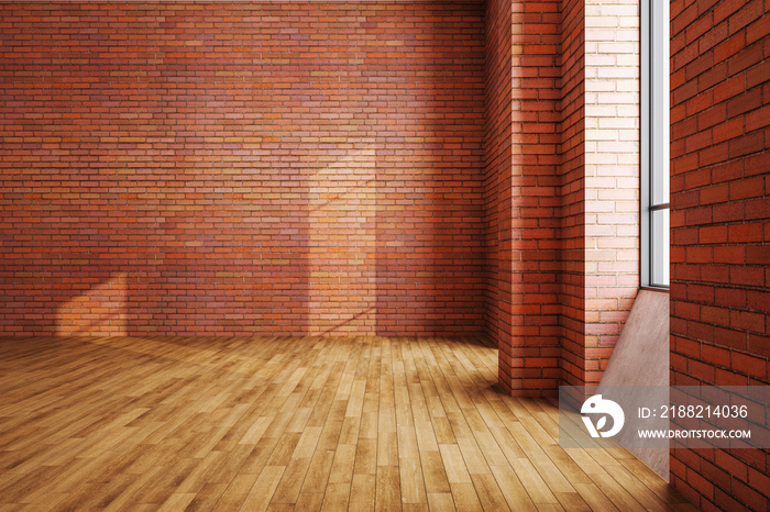 Minimalistic gallery interior with copyspace on red brick wall