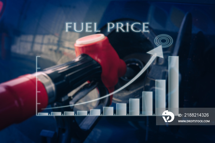 Graphic increase of fuel price with refuel fill up with petrol gasoline on background. Petrol price and oil crisis concept