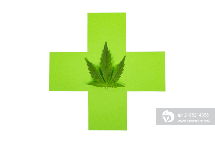 medical medicinal marijuana, green cross and cannabis leaf isolated on white background .