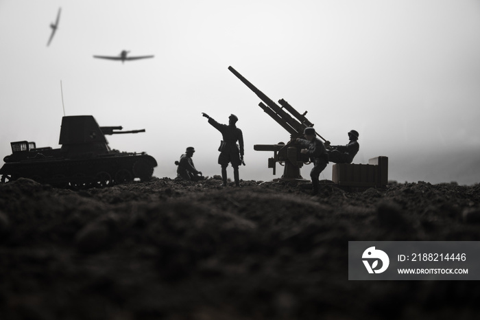 An anti-aircraft cannon and Military silhouettes fighting scene on war fog sky background. Allied air forces attacking on German positions. Artwork decorated scene.