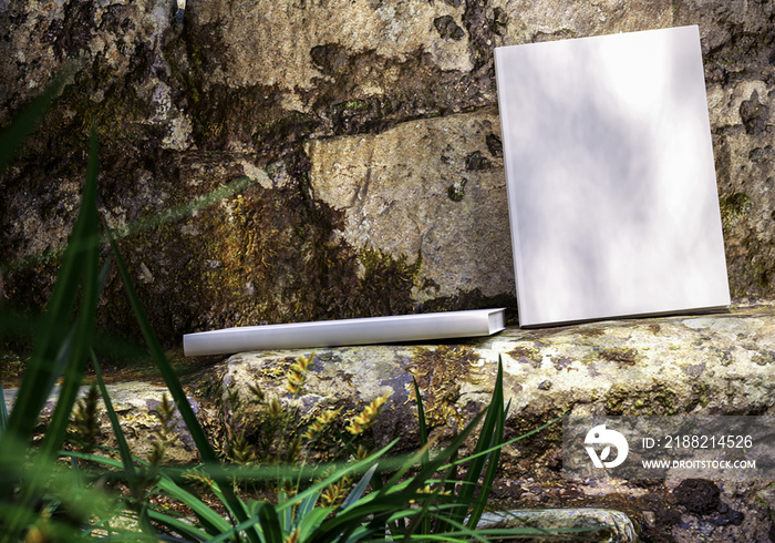 Blank book model on ancient ruins, notebook mockup, mockup on nature background 01