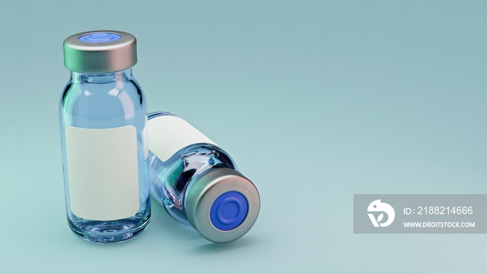 Couple of vaccine glass vials on cyan background. 3D illustration mockup with right copy space