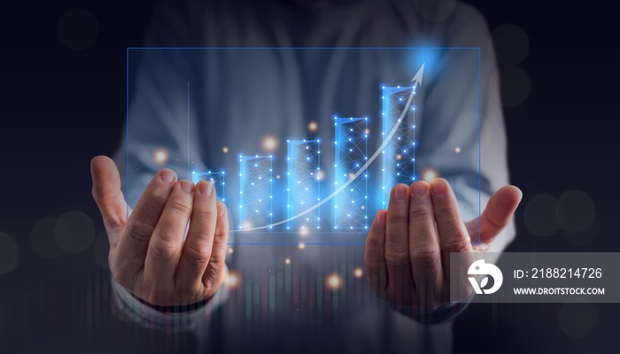 Businessman showing virtual graph hologram in hands, business growth, progress or success idea concept, strategy planning, stock market, digital assets, corporate future growth plan.