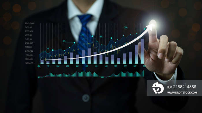 Businessman pointing arrow graph corporate future growth plan, Business growth, progress or success concept.