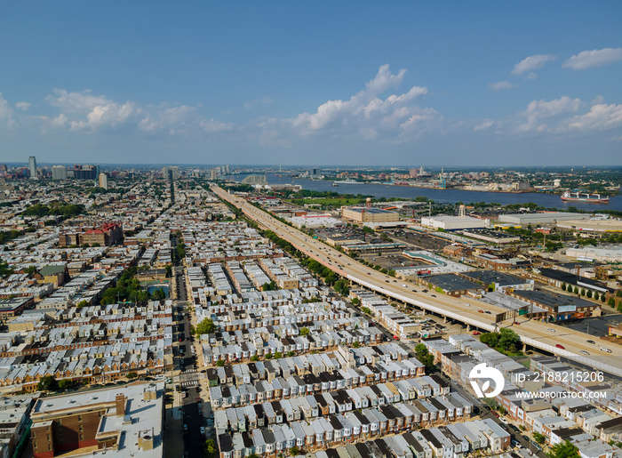 Aerial view of residential district at suburban with mixed home development cityscape along river in city downtowntop down of Philadelphia PA USA