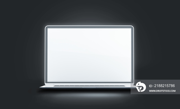 Blank white luminous laptop screen mockup, isolated in darkness, 3d rendering. Empty glowing computer display mock up. Clear modern open lap top. Digital lcd monitor template.