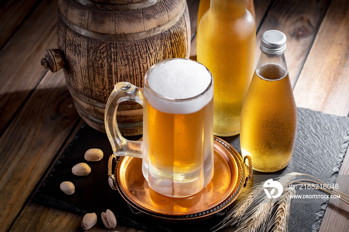 Light beer in a glass on the table