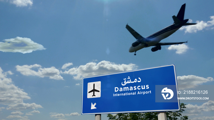 Plane landing in Damascus Syria airport with signboard