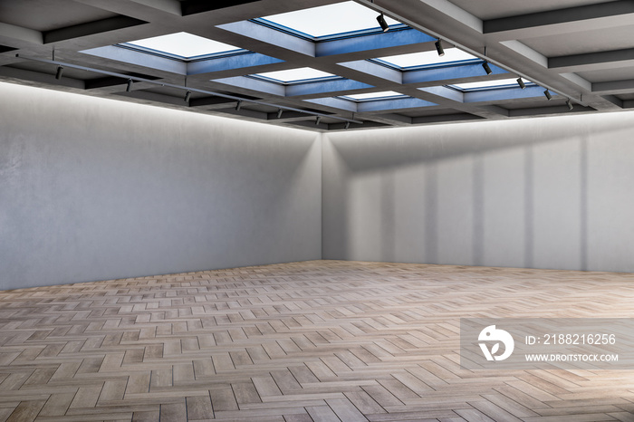 Contemporary exhibition hall interior with mock up place on walls and wooden flooring. 3D Rendering.