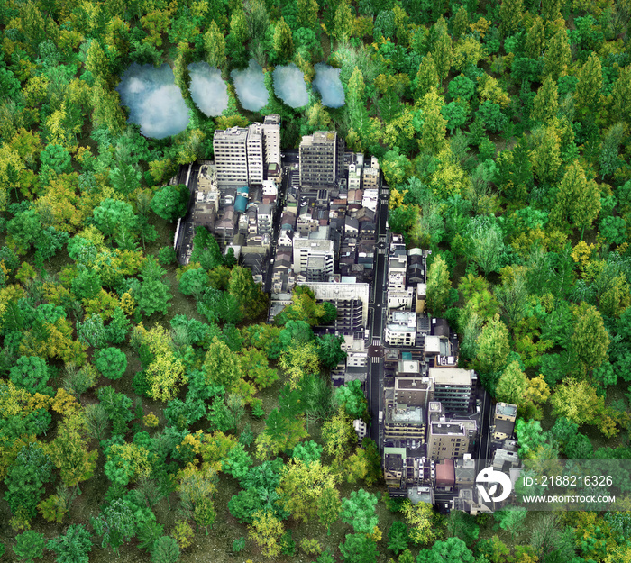 Eco concept. City in a form of a human footprint in nature forest. 3d illustration.