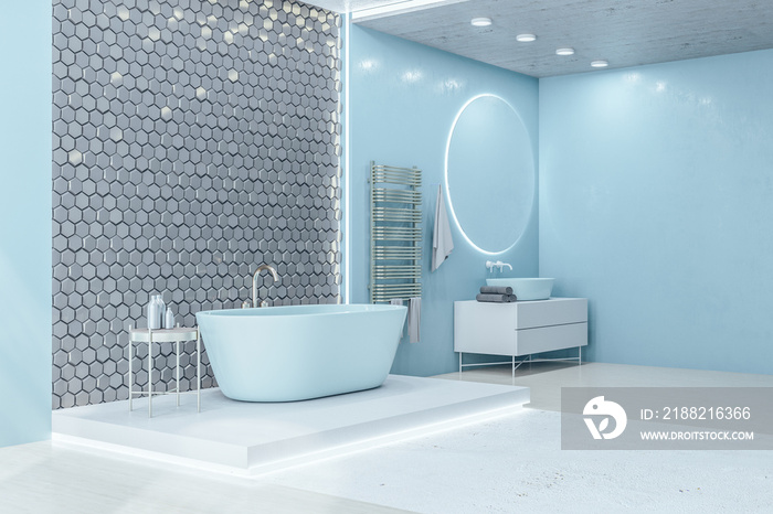 Luxury loft bathroom with blank blue wall