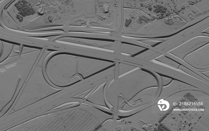 Digital elevation model. GIS 3D illustration made after proccesing aerial pictures taken from a drone. It shows a large road junction with numerous intersections which run at different levels