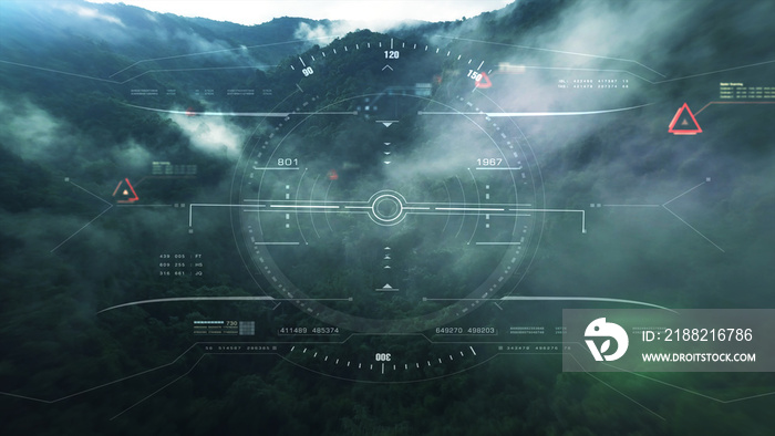 Aerial view from the fighter plane’s cockpit flying over the low cloud cover mountain scape with head up display acquire targets and enemies location hidden in the dense mountain forest