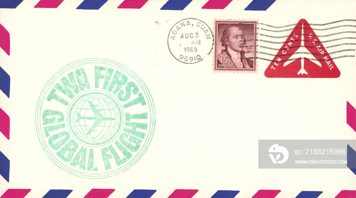 Luftpost airmail USA Amerika America Briefmarke stamp 1969 vintage retro old alt Agana Guam John Jay TWA Frist Global Flight US Air Mail Flugzeug plane