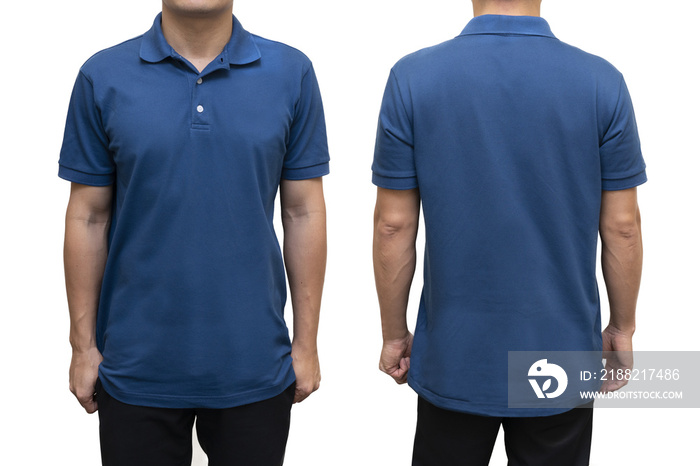 Blue blank polo t-shirt on human body for graphic design mock up