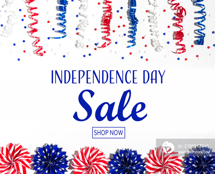 Independence day sale message with red and blue colored decorations