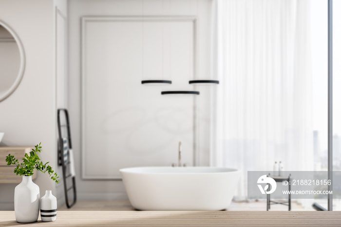 Stylish light shades sunny bathroom with white bath next to big window, behind wooden bathroom countertop with white vase. 3D rendering.