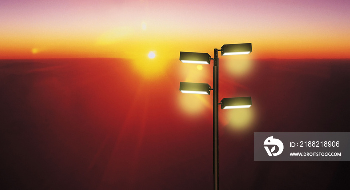 Lighting system led on a technology steel pole on a natural sky background