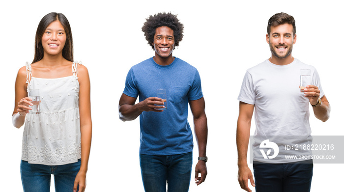 Collage of people drinking glass of water over isolated background with a happy face standing and smiling with a confident smile showing teeth