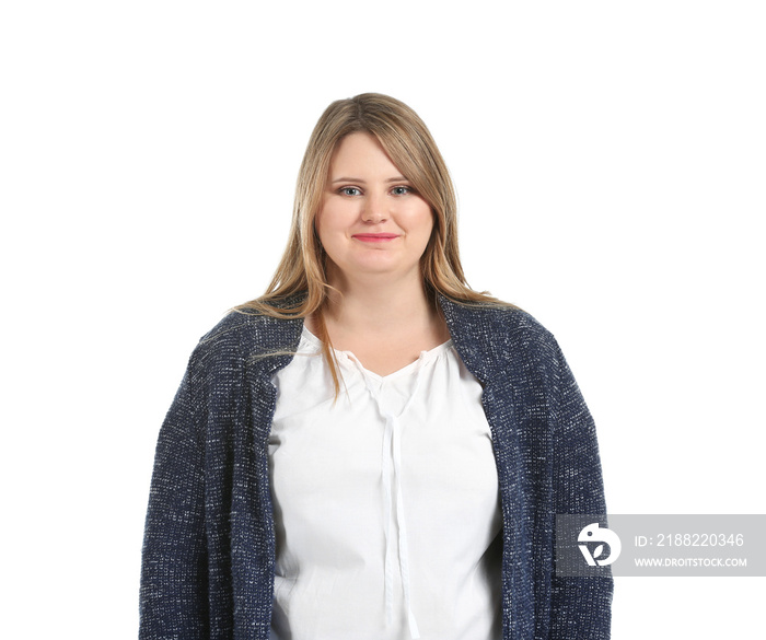 Beautiful plus size girl on white background. Concept of body positivity