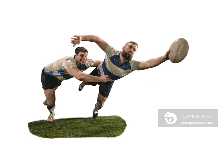 The silhouette of two caucasian rugby man player isolated on white background