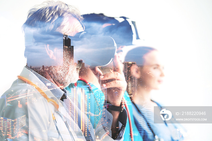 Double exposure group of doctor with tablet on night city background