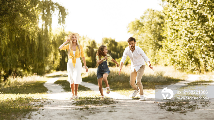 Girl running from father, spending time in countryside