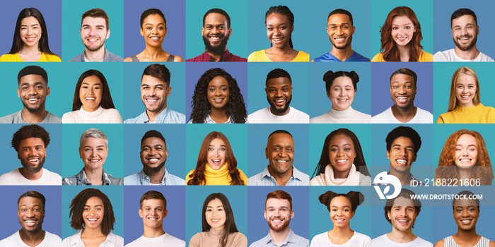 Set Of Many Cheerful People Faces On Blue Backgrounds, Collage