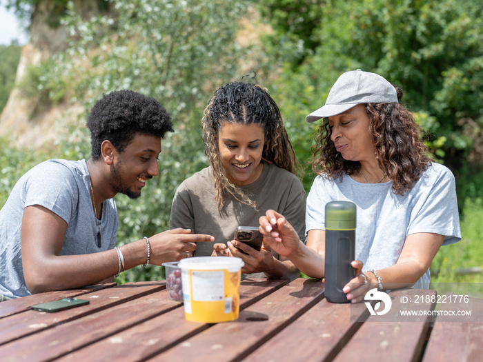 Friends using phone while having picnic