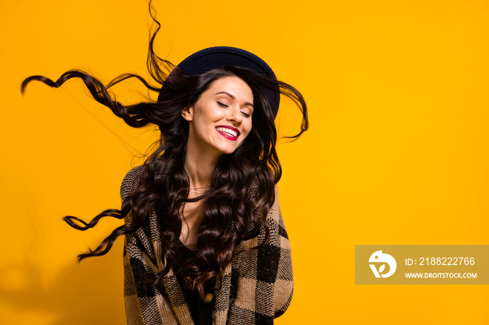 Photo of charming tender lady beaming smile closed eyes wear black hat plaid coat isolated yellow color background