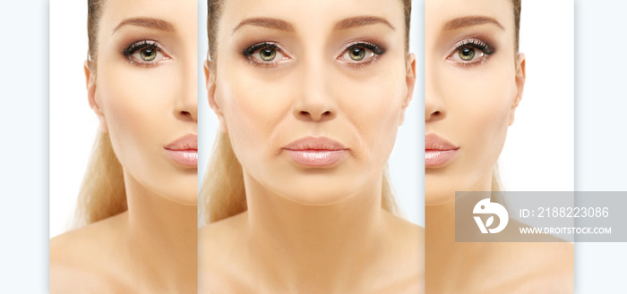 Aging. Mature woman-young woman.Face with skin problem.Before and after cosmetic procedures