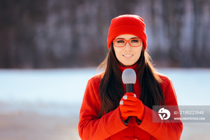 Winter TV Reporter Broadcasting Outdoors in the Snow