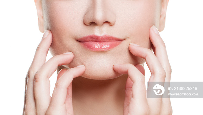 Woman Lips and Hands with Natural Nails Closeup Isolated on White Background