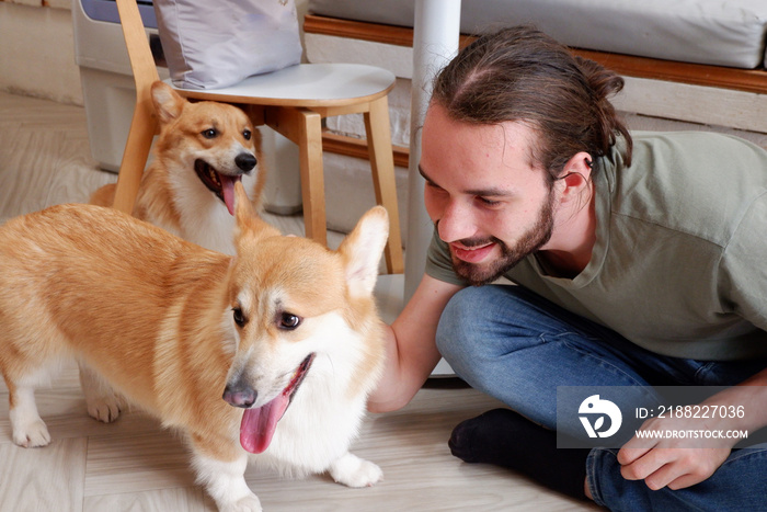 cute dog and young man hugging dog dog love concept.