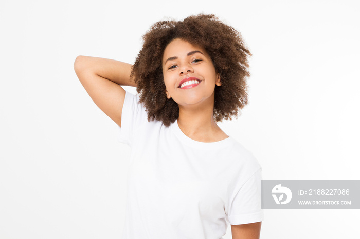 Portrait of young afro american woman isolated on white background. Template shirt and summer concept. Copy space. Mock up. Nature beauty girl. Teenager Make up