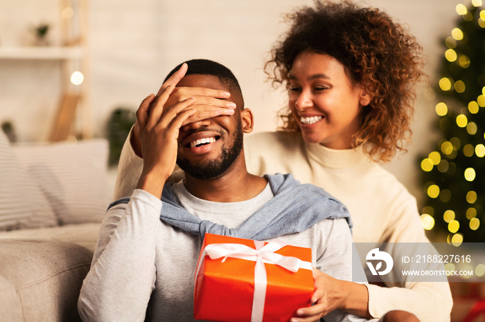 Christmas gift. African-american woman surprising husband at home