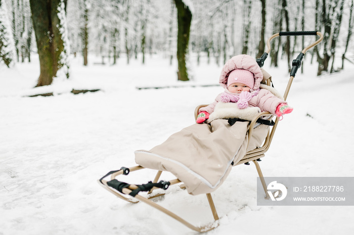 A little girl sitting in childrens sled in the park. Close up. Happy family walking in the park. Portrait Infant.