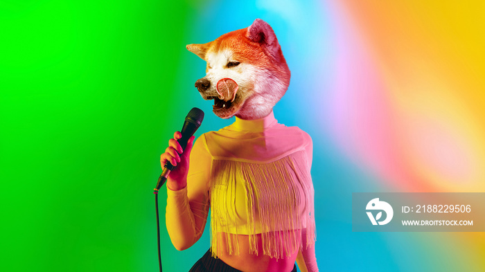 Celebrity. Talented dog, professional musician performing on multicoloted background in neon light. Concept of music, hobby, festival, contemporary art collage. Modern design. Copyspace.