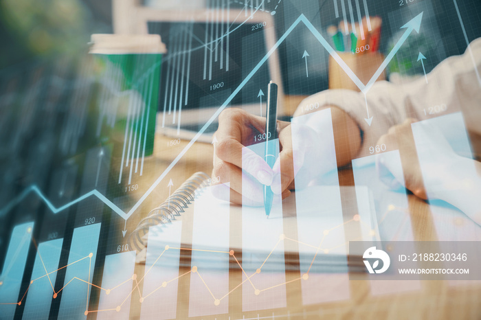 Forex chart displayed on woman’s hand taking notes background. Concept of research. Double exposure